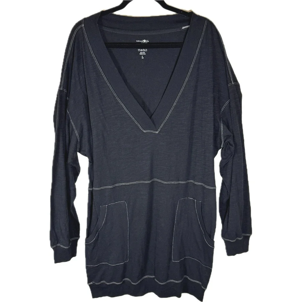 Natural Life Tunic Dress Women Large Black Contrast Stitch V-Neck Boho